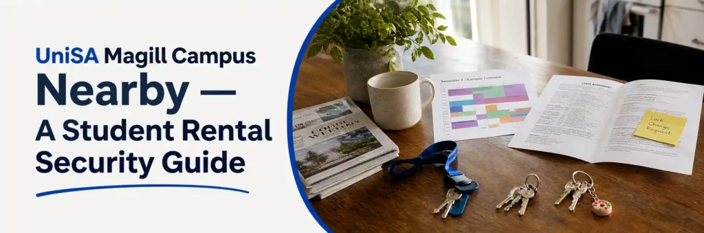 Student rental security guide near UniSA Magill Campus with rental documents and house keys