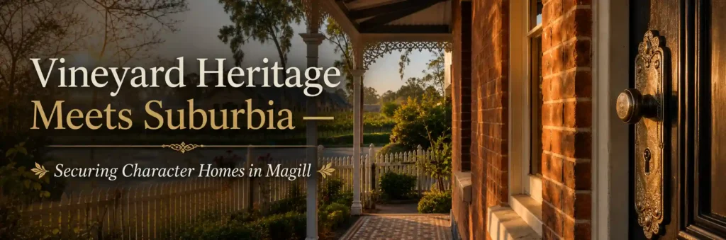 Vineyard heritage character home in Magill with a secure ornate front door lock