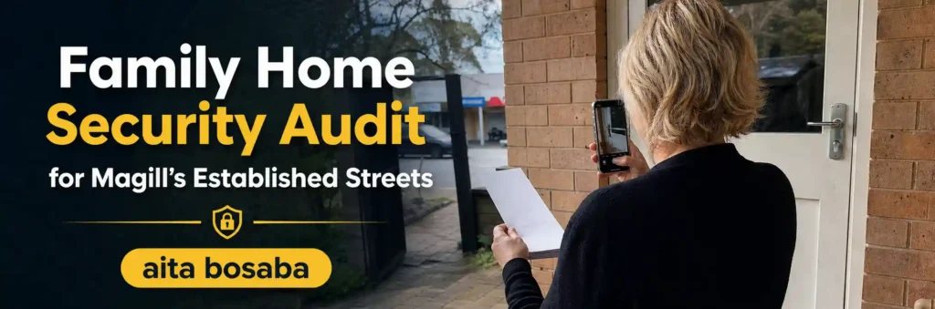 Family home security audit in Magill showing a homeowner checking a residential entry door
